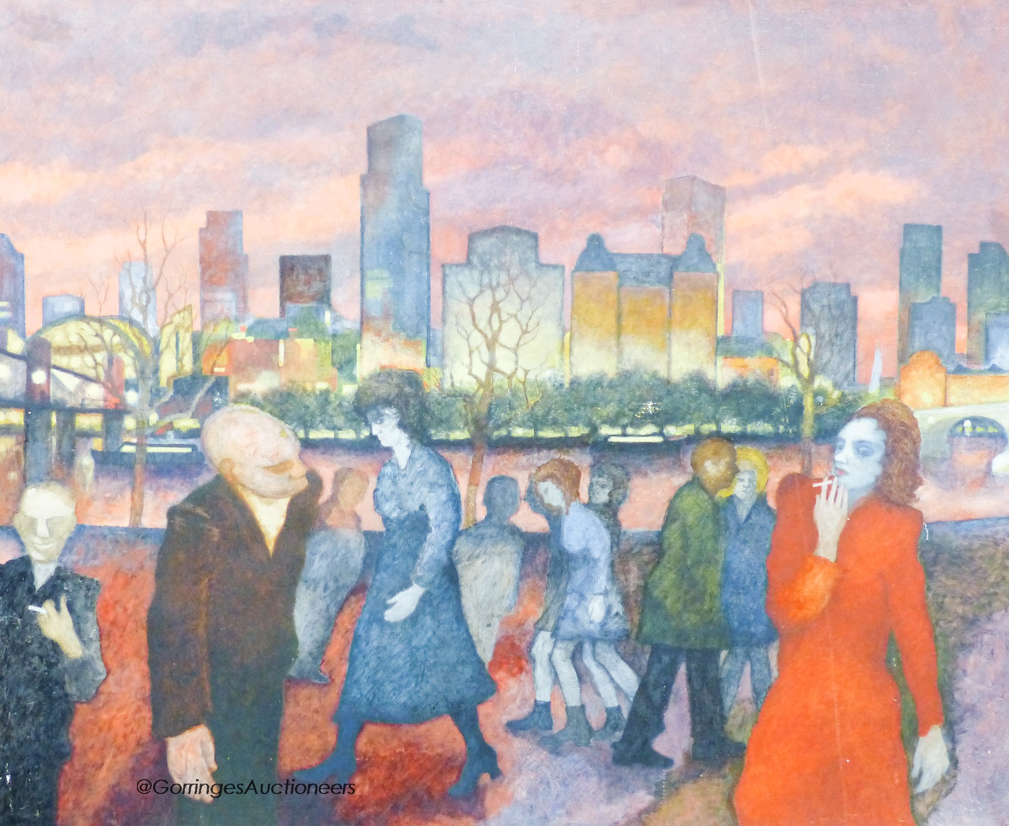 Gerald, R Jarman, British (1930-2014) unframed oil on canvas, Figures in a city landscape, 165 x 140cm